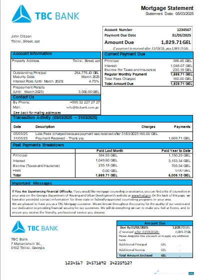 Download Georgia TBC Bank mortgage statement scr Photoshop template